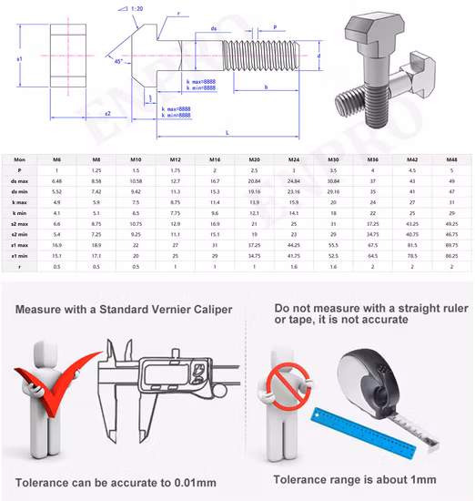 Tipo perno cuadrado rectangular modificado para requisitos particulares de la cabeza del cuadrado T del perno M8 M10 del acero inoxidable SUS304 T